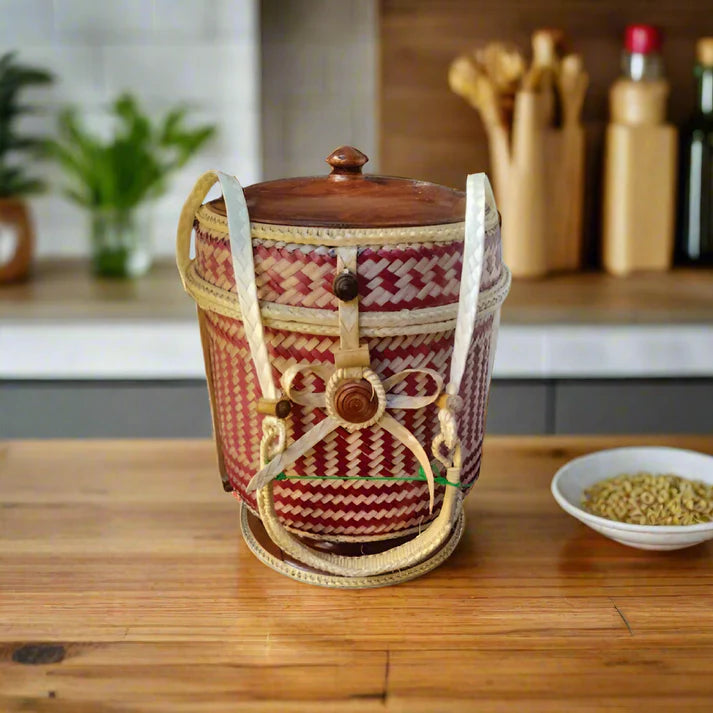 Handwoven Lao Sticky Rice Container – Red Pattern (11cm x 15cm)