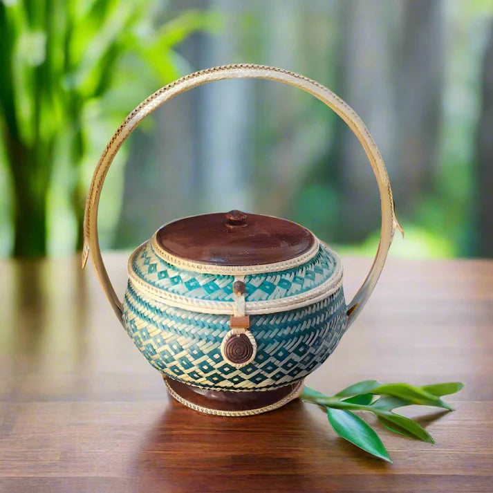 Handwoven Lao Bamboo Sticky Rice Container – Green Edition (12cm x 25cm)
